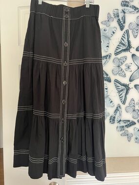 Sea New York Black Tiered Button-Front Maxi Skirt with White Topstitching